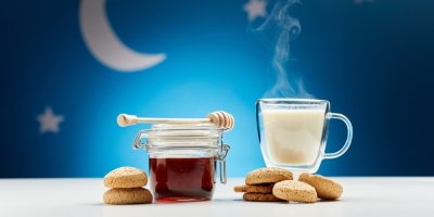 Koncept horkého mléka, sušenek a medu