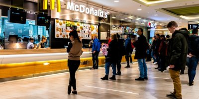 Návštěvníci obchodního centra stojí před food courtem McDonald´s a KFC