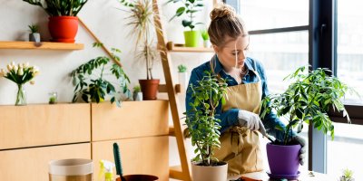 Žena se stará o mnoho květin a rostlin v domácnosti