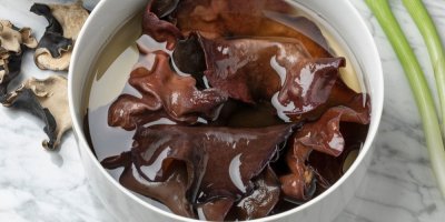 Jidášovo ucho namočené v bílé misce ve vodě