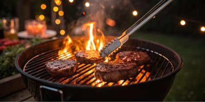 Venkovní grilování steaků na ohni