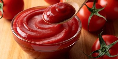 Mistička kečupu s vařečkou a hromádka rajčat