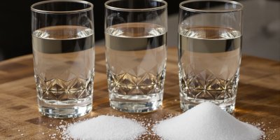 3 sklenice s vodou, před nimi cukr na hromádkách