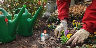 Žena sází květiny vedle hrobu