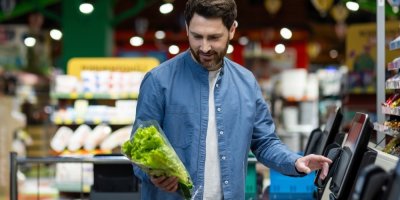 Muž markující si salát u samoobslužné pokladny.