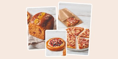 Banánový chlebíček, ovocný koláč a pizza snack