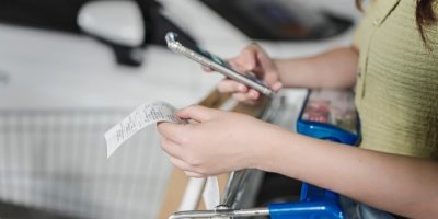 Žena kontroluje účtenku.