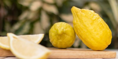 Dva citrony, před ni rozkrojený citron