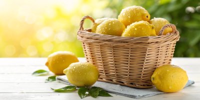 Citrony v košíku i vedle něj