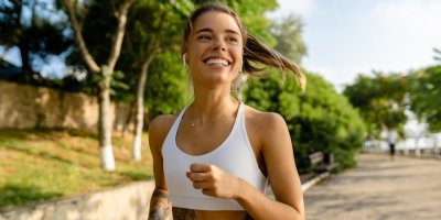 Mladá usmívající se žena v bílé sportovní podprsence běží po chodníku podél stromů