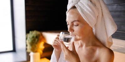 Žena pije vodu ze skleněného hrnečku