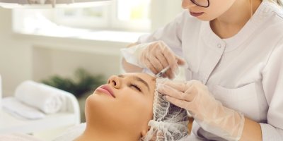 Mladá žena v kosmetickém salonu dostává injekci do obličeje