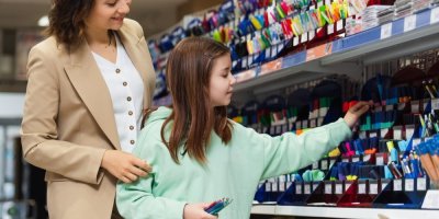 Holčička si v obchodě vybírá psací potřeby pod dohledem maminky