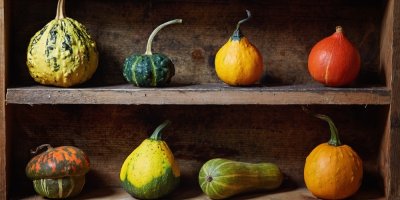 Různé druhy dýní na policích