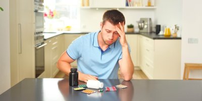 Smutný muž nad hromadou vitamínů v tabletách