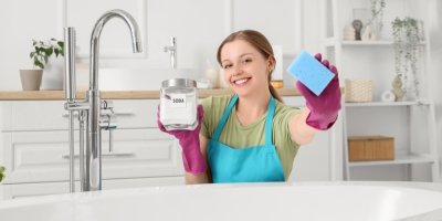 Mladá žena v zástěře a gumových rukavicích čistí koupelnu pomocí sody a houbičky 