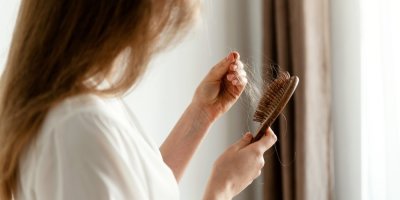 Žena drží v ruce kartáč s vypadanými vlasy