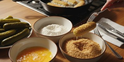 Příprava smažených okurek v trojobalu