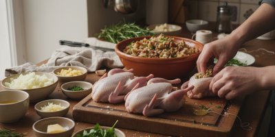 Plnění křepelek nádivkou