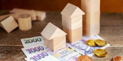 České bankovky a mince a dřevěné domečky