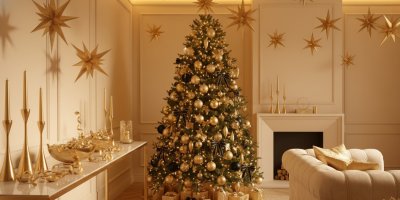 Obývací pokoj s vánočním stromečkem ve zlatém provedení