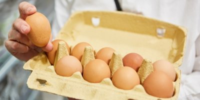 Člověk drží otevřené plato vajec