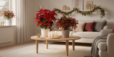 Vánoční hvězda a vánoční kaktus v obýváku