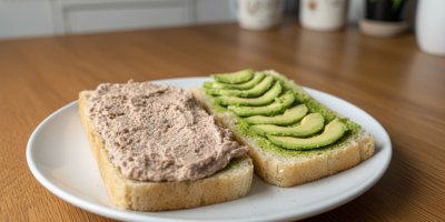 Plátek chleba s avokádem a druhý s tuňákem