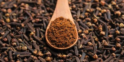 Hřebíček mletý na lžičce, okolo celý hřebíček