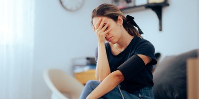 Žena má hlavu v rukou a měří si tlak