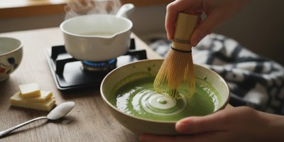 Žena míchá v misce mléko s matcha práškem