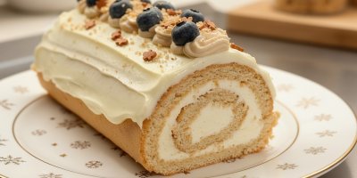 Krémová roláda na talíři zdobeném zlatými vločkami