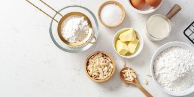 Suroviny na pečení, mouka, cukr, máslo, mandle