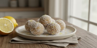 Kokosovo-citronové kuličky na talíři, čerstvý citron