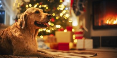 Retrívr ležící u krbu, v pozadí vánoční stromek