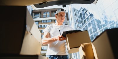 Kurýr s balíky v autě