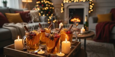 Čtyři sklenice horkého nápoje na dřevěném podnose v obývacím pokoji 