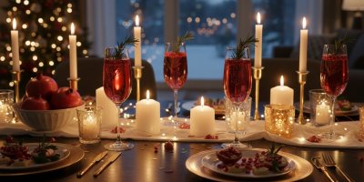 Slavnostně nazdobený stůl, sklenice s alkoholickým nápojem