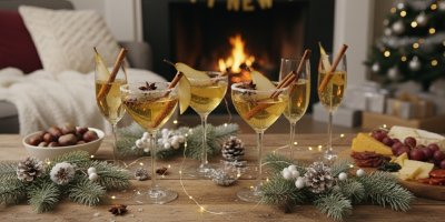 Slavnostně nazdobený stůl, sklenice s alkoholickým nápojem, pohoštění, v pozadí vánoční strom a hořící krb