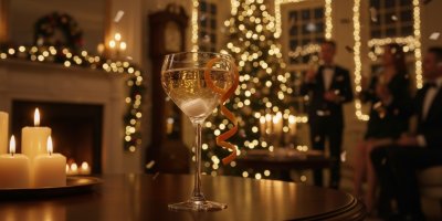 Sklenice s alkoholickým nápojem, slavnostně nazdobený interiér