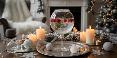 Slavnostně nazdobený stůl, šumivý nápoj ve sklenici