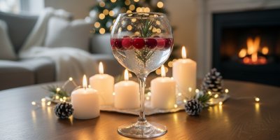 Drink postavený na stole ve vánočním obývacím pokoji