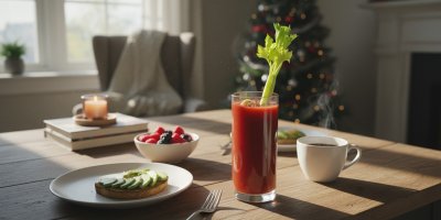 Červený drink s celerem na stole