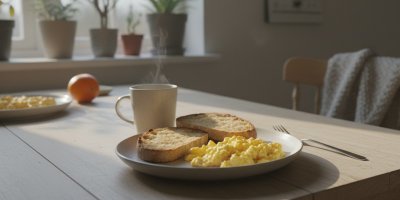Míchaná vejce s chlebem na talíři