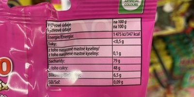 Etiketa na obalu gumových medvídků