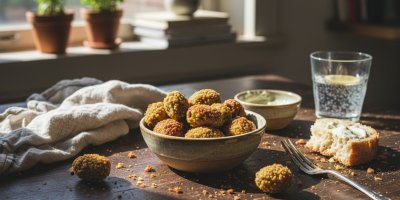 Smažené olivy v trojobalu  v misce na stole