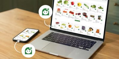 E-shop s potravinami na notebooku a mobilním telefonu