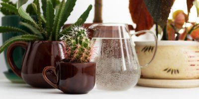Kaktus a další pokojové rostliny a džbán vody