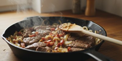 Kouřící maso se zeleninou na pánvi