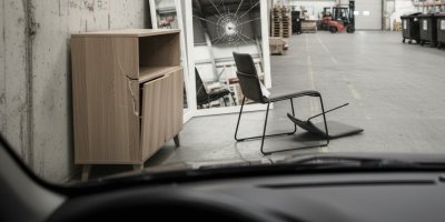 Poničený nábytek ve skladovací hale prodejny s nábytkem